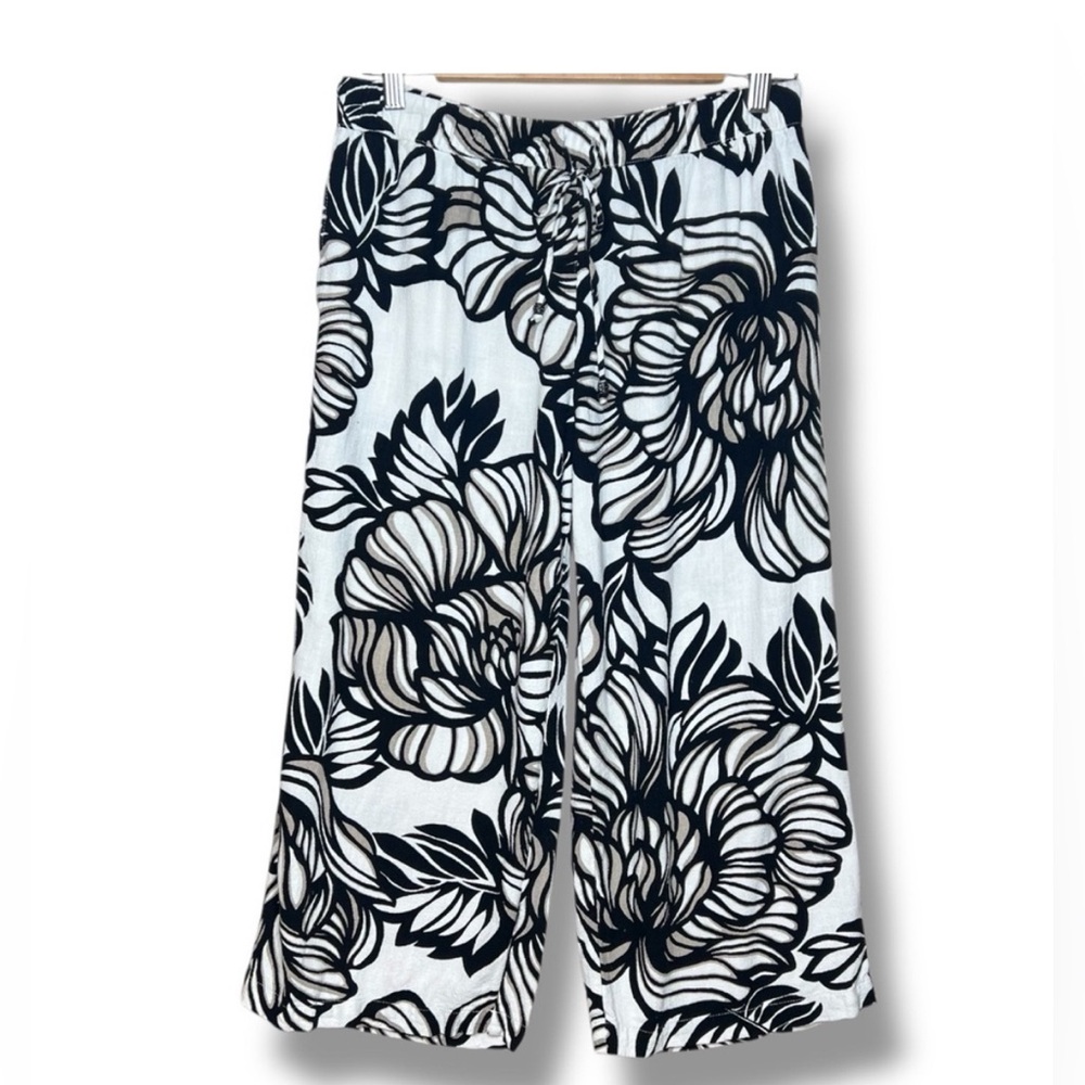 Susan Graver Black and White Floral Pants Linen Blend